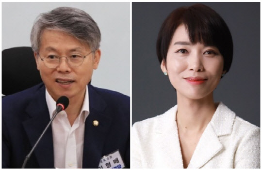 민형배(왼쪽) 무소속 의원과 김정화 대통령직인수위원회(이하 인수위) 기획·조정분과 상임자문위원. <연합뉴스>